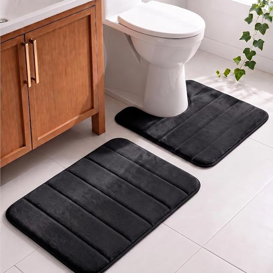Memory Foam Bathroom Rugs Sets 2 Piece - Super Soft Absorbent Quick Dry Memory Foam Bathroom Rugs, Machine Washable Non Slip Floor Carpet for Tub Shower & Single Sink 16x24 & 20x20,(Black)