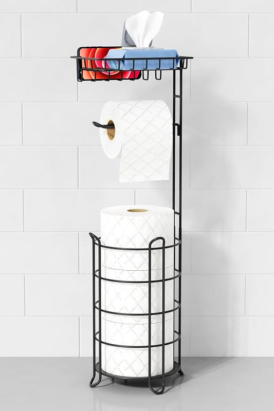 Goozii Matte Black Free Standing Toilet Paper Holder Stand with Shelf, Freestanding Bathroom Tissue Dispenser with Wipes Storage, Floor Toilet Paper Holder with Phone Tray for Large Mega Rolls
