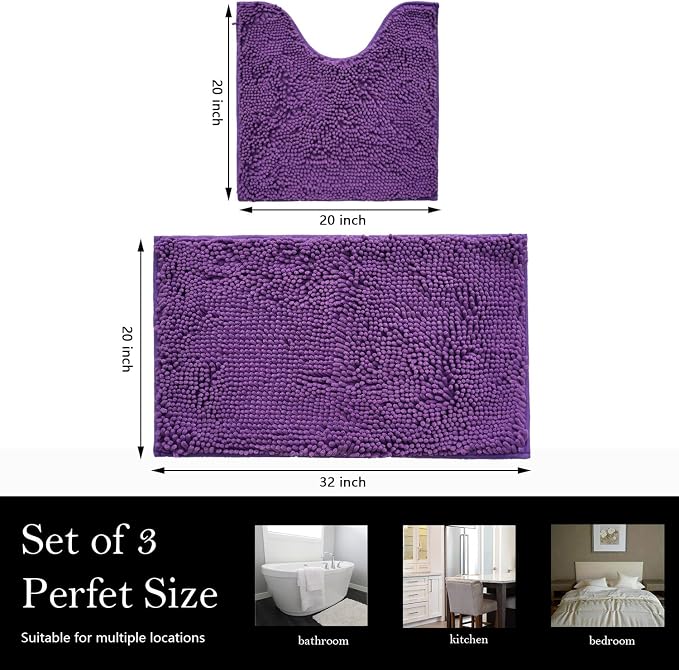 Bathroom Rugs Chenille Bath mat 2 Piece Set, Super Absorbent, Strong PVC Non Slip Backing, Bath mats for Bathroom, Plush Shaggy, Thick, Machine Washable, Bathtub, Shower, Toilet.(Violet)