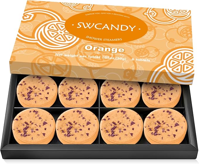 SWCANDY Orange Shower Steamers 8 Pack, Home Spa Self Care | Bright citrus aromatherapy with natural essential oils shower gift for women, men, wife & husband.