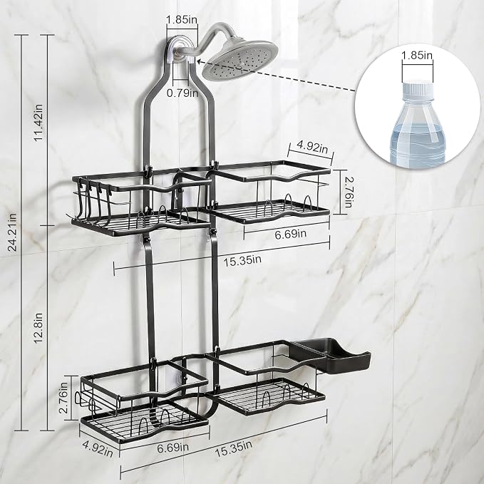 Shower Caddy Hanging Organizer Over Showerhead, Rustproof Black | 2-Tier No-Drill Hanging Shower Organizer with Removable Hooks, Soap Dish, Toothbrush Holder for Bathroom Razor Shampoo Sponge