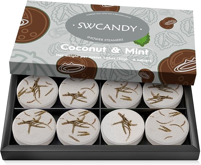 SWCANDY Coconut & Mint Shower Steamers 8 Pack, Home Spa Self Care | Fresh tropical aromatherapy with natural essential oils, shower gift for women, men, wife & husband.