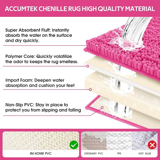 ACCUMTEK Upgrade Extra Large Shiny Pink Bathroom Rug Set 3 Pieces Ultra Soft, Thick Absorbent Bath Mats, Non Slip Chenille Toilet Mat for Bathroom, Bedroom, Kitchen