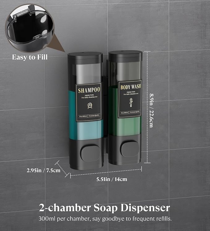 Luxspire Shampoo and Conditioner Dispenser, Shower Soap Dispenser 2-Chamber | Lockable Large Capacity 600ml No-Drill Wall-Mounted Shampoo and Body Wash Dispenser for Bathroom Hotel Kitchen Airbnb