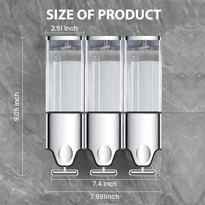 EHORIA Shampoo and Conditioner Dispenser, Shower Soap Dispenser | Shower Dispenser 3 Chamber No Drill, Wall Mounted Refillable Bottles, Shower Accessories for Bathroom, RV&Hotel,18.6oz 3 in 1