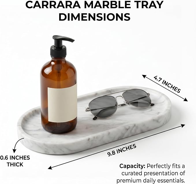 YKAJO Carrara White Gray Oval Marble Tray, 9.8x4.7 Perfume Organizer Dish | Honed natural stone; jewelry & trinket dish, ring & key holder, soap & candle catchall; bath counter, dresser, coffee table