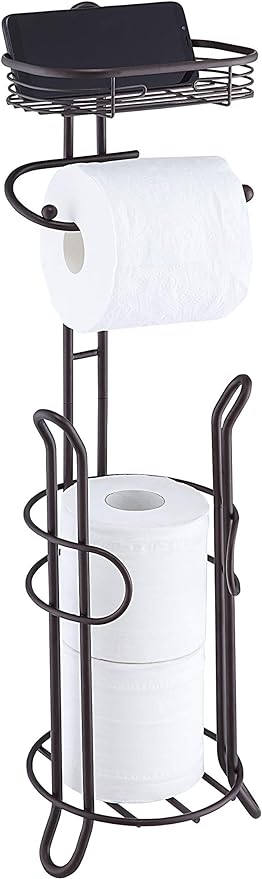 SunnyPoint Bathroom Heavyweight Toilet Tissue Paper Roll Storage Holder Stand with Reserve and Shelve, The Reserve Area Has Enough Space to Store Mega Rolls. (Bronze)