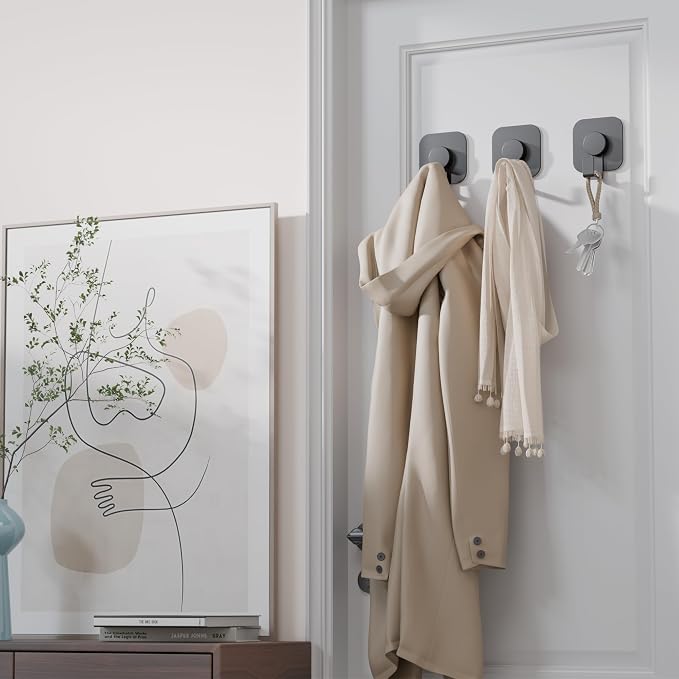 Aikzik 4 Pack Large Heavy Duty Wall Hooks - 26lb Max, Stainless Steel Adhesive Towel Hooks for Hanging Coat, Towel, Robe, Keys, Sticky Shower Hook for Door, Home, Bathroom, Kitchen, Office- Black