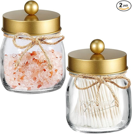 SheeChung 2 Pack Qtip Holder for Bathroom, Cotton Swab Holders, Cute Mason Jars Decor, Bathroom Decor and Accessories for Cotton Round Pads, Balls, Floss Pick - Brushed Gold