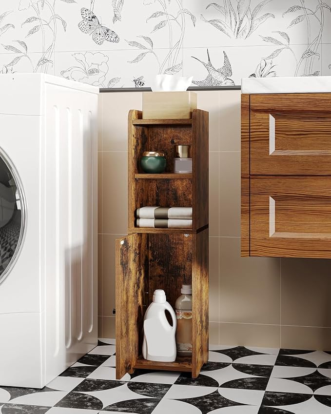 Hzuaneri Bathroom Storage Cabinet, Corner Floor Cabinet with Doors and Adjustable Shelf, Narrow Toilet Paper Cabinets, Bathroom Organizer for Small Spaces, Brown BC19701X