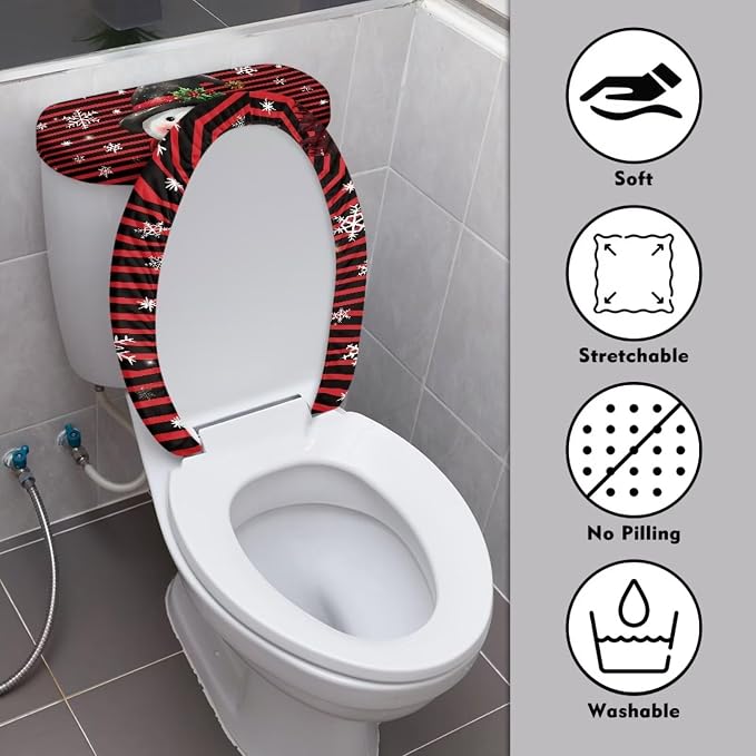 Christmas Toilet Lid Cover and Tank Cover Set of 2 Pack Cute Snowman Toilet Seat Cover Set Washable Toilet Tank Lid Cover Christmas Decor