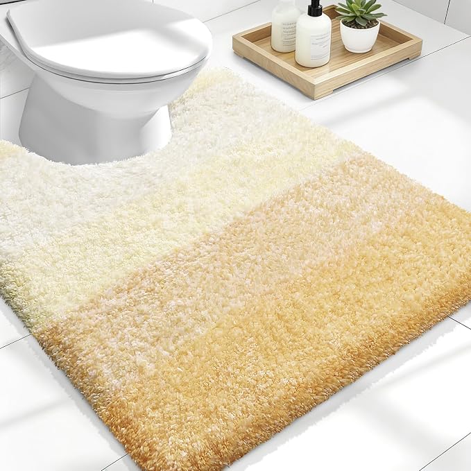 OLANLY Luxury Toilet Rugs U-Shaped 24x20, Soft Absorbent Microfiber Mat | Light Yellow, Non-Slip Quick-Drying Rubber Backing, Washable Plush Contour Bath Mat for Toilet Base, Home Decor Accessories