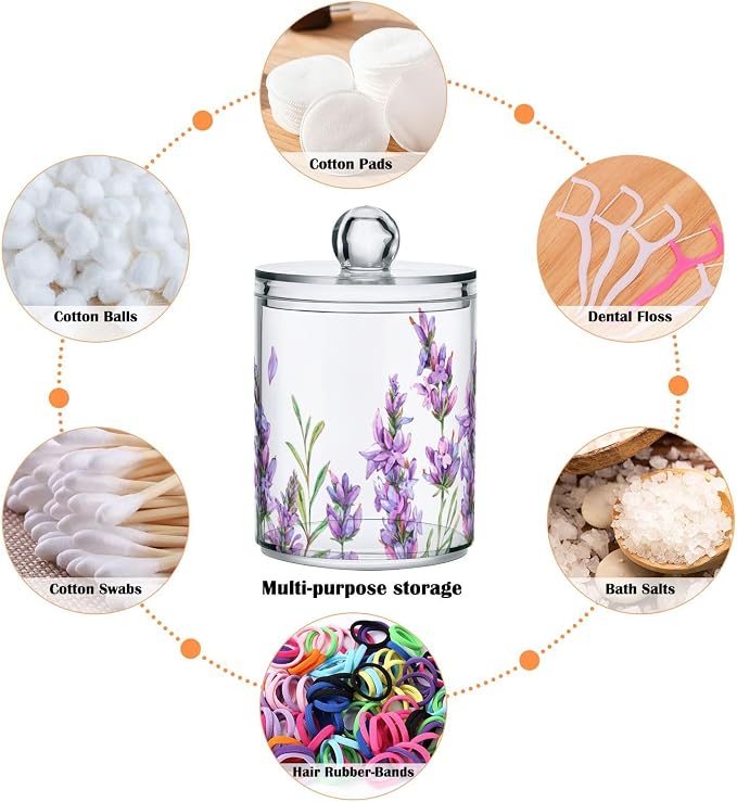 ALAZA 4 Pack Qtip Holder Dispenser for Cotton Ball Lavender Flower Purple Cotton Swab Round Pads Clear Plastic Acrylic Jar Set Bathroom Canister