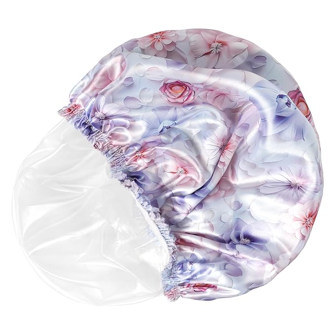 Shower Caps for Women, 4 PCS Reusable Waterproof Bath Cap | Double Layer, Washable, Wide Elastic Band, Holds Long Hair, Caps for Bath Accessories, Spa, Travel Home - Flower