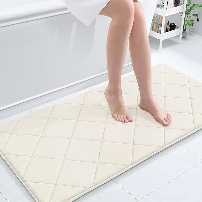 OLANLY Memory Foam Bath Mat 44x24, Ultra Soft and Absorbent Bathroom Rugs | Ivory, Quick Dry, Machine Washable Shower Bath Rugs, Comfortable Bath Carpet for Bathroom Floor, Tub and Shower