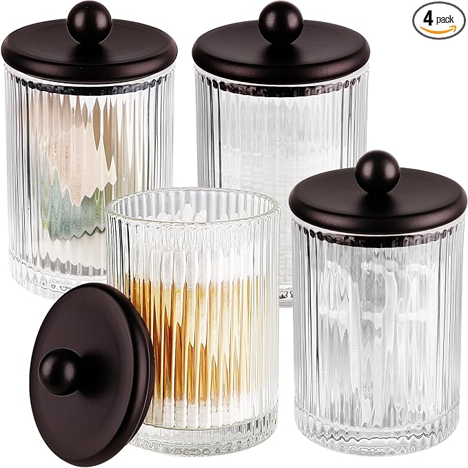 SheeChung 2 Pack Ribbed Glass Qtip Holder with Bronze Metal Lids | Apothecary Jars Bathroom Organizer Countertop Vanity Canister Set for Cotton Swabs, Rounds, Floss Picks-Modern Luxury Decor