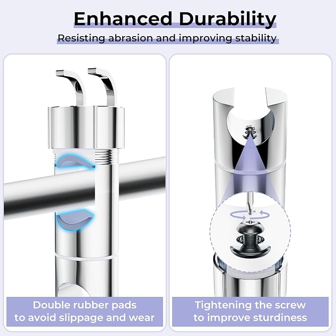 Adjustable Shower Head Holder with 2 Hooks, Universal Shower Holder Bracket for 16-27mm Slide Rod, Chrome Plated Shower Slider Rail Clamp Shower Holder Replacement, Easy Installation