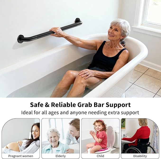 36 Inch Anti Slip Shower Grab Bar, ZUEXT Matte Black Stainless Steel Long Bathroom Safety Handle w/Knurled Grip, Heavy Duty Wall Mounted Bathtub Toilet Stair Support Rail for Seniors Disabled