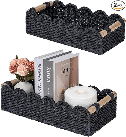 CubesLand Toilet Paper Storage Basket, Scalloped Edge Shelves Basket for Organizing for Over Toilet Tank Storage, Home Decor Baskets for Shelf, Countertop, Living Room, Bedroom, Handwoven, Black