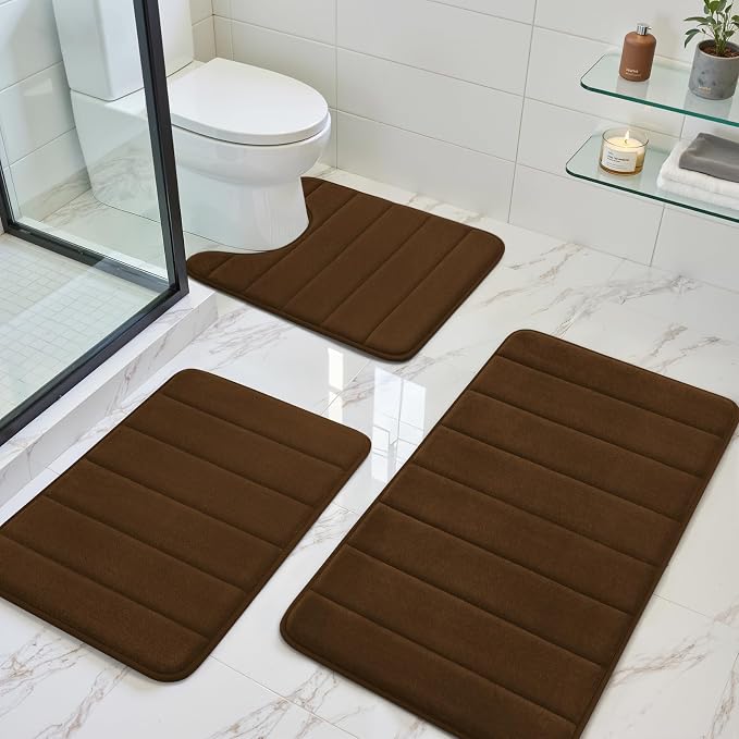 BYSURE Brown Memory Foam Bathroom Rug Set 3 Piece, Non Slip Extra Soft Absorbent Bath Mats, Machine Washable & Dry Toilet Mat Sets for Bathroom Floor | Non Slip Extra Soft Absorbent Machine Washable Toilet Bath Toilet Mat for Shower, for Bathroom