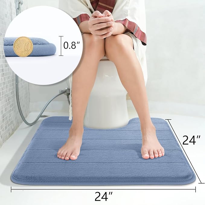 Yimobra Memory Foam Toilet Bath Mat U-Shaped, Soft and Comfortable, Super Water Absorption, Non-Slip, Thick, Machine Wash and Easier to Dry for Bathroom Commode Contour Rug, 24 X 24 Inches, Denim Blue