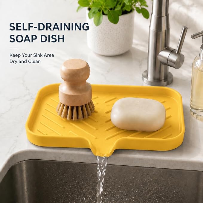 MicoYang Silicone Soap Dish with Drain Spout — Self-Draining Sink Organizer Tray for Bathroom & Kitchen, Sponges, Dispensers & Soap Holder, Non-Slip & Dishwasher Safe, Yellow (Medium, 9.6"×5.3")