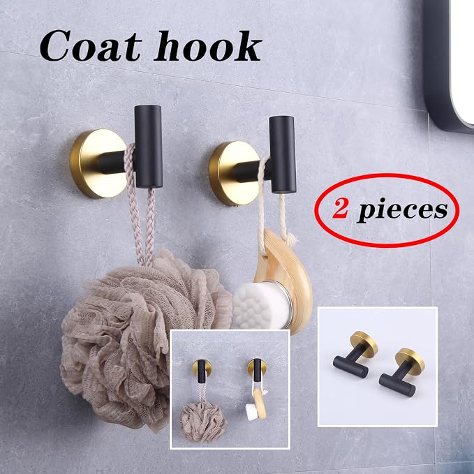 GERZWY Stainless Steel Towel Hook Robe Hook Coat Hook Heavy Duty Wall Mounted Luxury Hooks for Bathroom Hotel 2 Pack (Black & Gold) AG1107B-BD