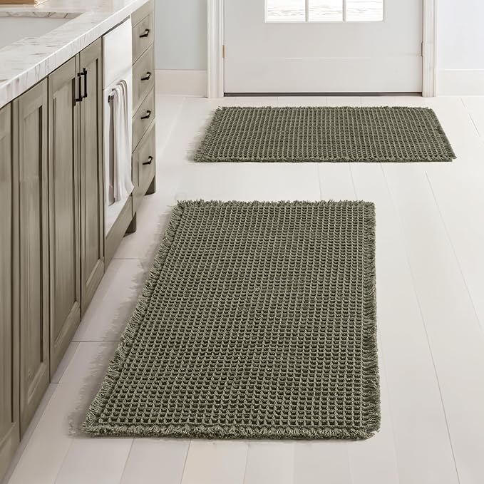 MIULEE Set of 2 Waffle Bathroom Rugs Boho Bath Mat Green 17x24 Inch | Non Slip, Super Absorbent, Washable, Ultra Soft, Rubber Backed, Small Bath Rugs for Bathroom Floor Tub Shower