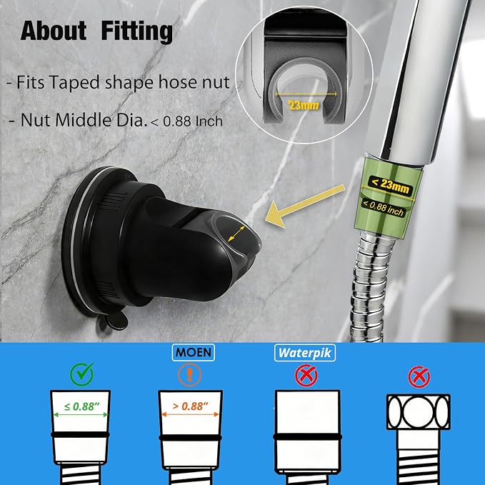 Hand held Showerhead Holder Wall Mounted with Suction Cup - Reusable- Wide Anlge Adustable Shower Hose Holder (Matte Black)