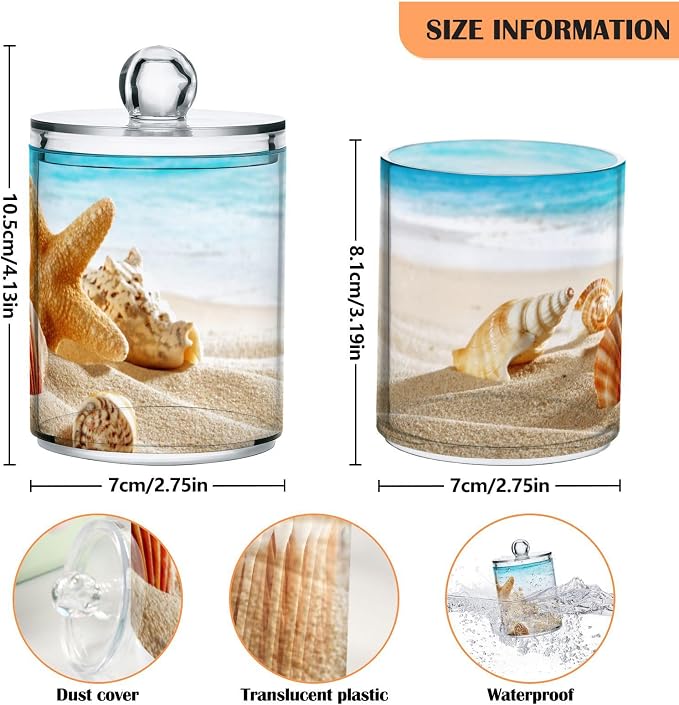 ALAZA 4 Pack Qtip Holder Dispenser Beach Starfish Ocean 2 Cotton Ball Cotton Swab Round Pads Floss Clear Bathroom Storage Containers Plastic Apothecary Jars with Lids