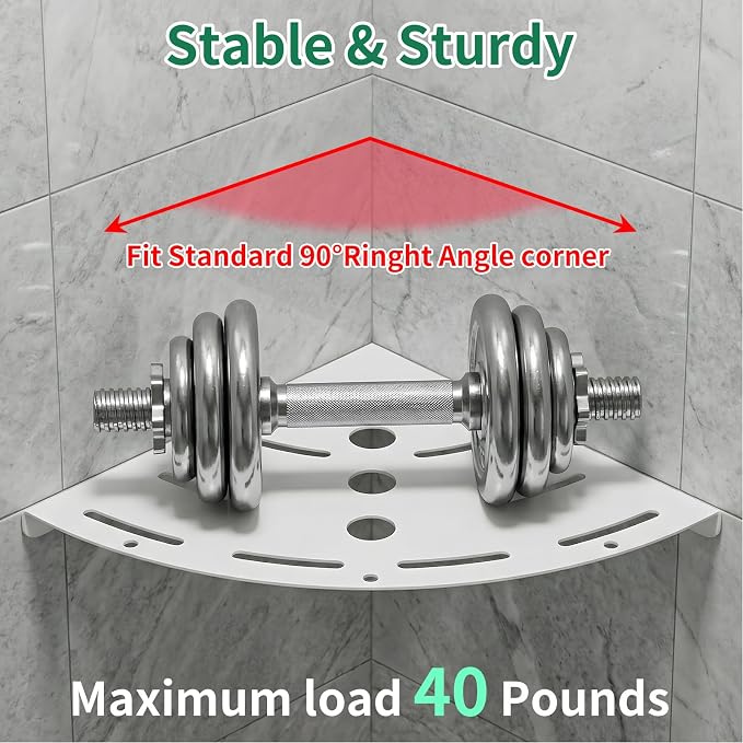 2 Pack Corner Shower Shelves, 304 Stainless Steel Corner Shelf Bathroom with 6 Hooks 40 lbs Heavy Duty, Durable for Inside Shower Brushed Nickel Drilling Installation（White
