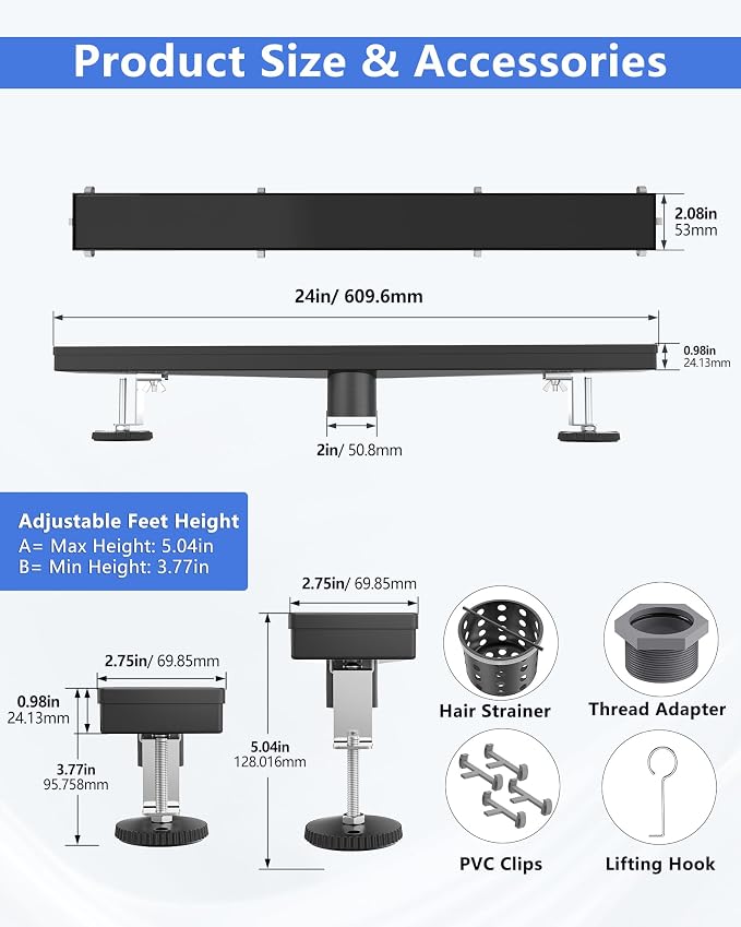YEFU Black Linear Shower Drain for Bathroom: 24 Inch Shower Drain with Tile Insert Grate - 304 Stainless Steel Rectangle Linear Drain - 2-in-1 Matte Black Shower Floor Drain