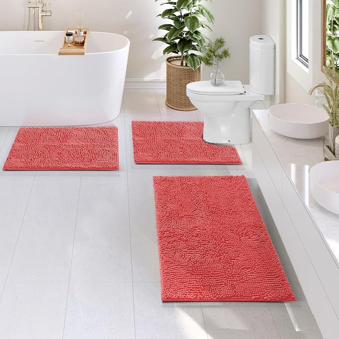 Hearth & Harbor Bathroom Rugs, Chenille Bath Mat - Machine Washable Bath Mats for Bathroom Non-Slip Backing Rubber, Quick Dry Mat - Rose Bath Rug, 17x24-20x32-20x24