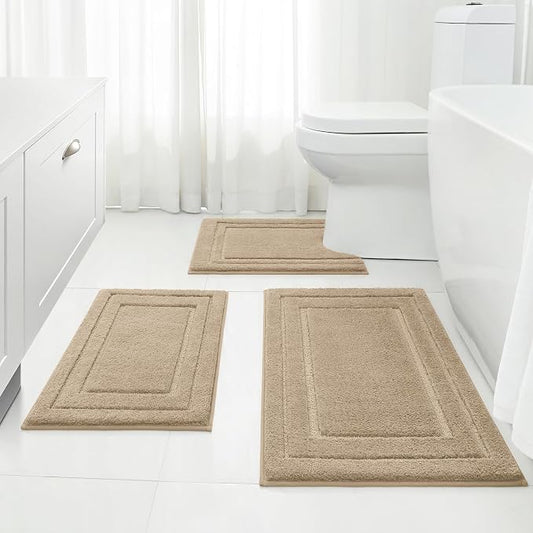HOMEIDEAS Khaki Bathroom Rugs Set of 3, Non Slip Bath Mats | Super Absorbent, Plush Microfiber, Machine Washable, Stain Resistant, Easy Care, Perfect for Modern Bathroom Decor