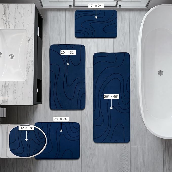 YIHOUSE Bathroom Rugs Sets 5 Piece - Thick Memory Foam Bath Mat, Dark Blue | Ultra Soft, Extra Thick, Super Absorbent, Non Slip, Machine Washable, For Bathroom Floor & Tub, 5 Pieces