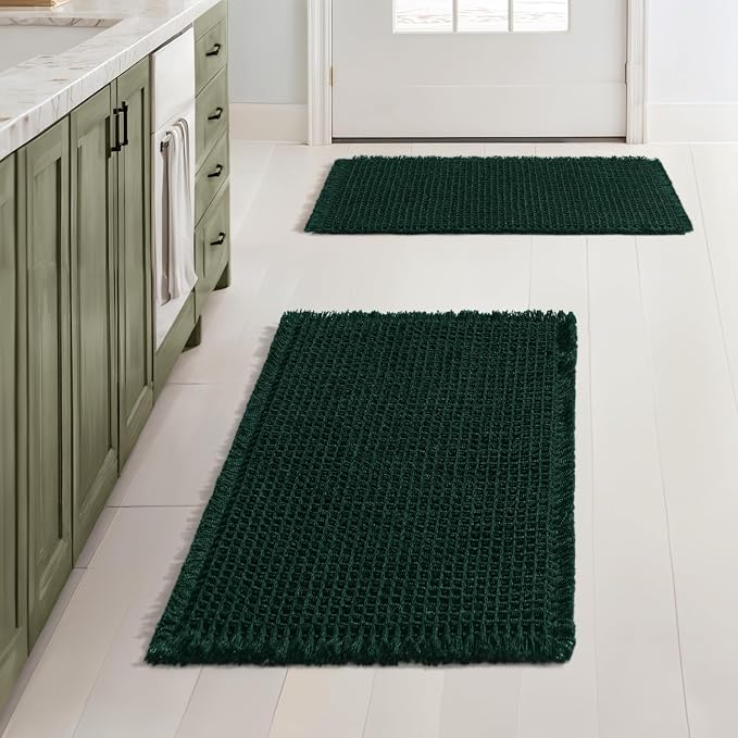 MIULEE Set of 2 Waffle Bathroom Rugs Boho Bath Mat Dark Green 17x24 Inch | Non Slip, Super Absorbent, Washable, Ultra Soft, Rubber Backed, Small Bath Rugs for Bathroom Floor Tub Shower