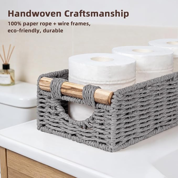 CubesLand Back of Toilet Storage Basket for Organizing w/Cut Out Handle, Handwoven Toilet Tank Top Paper Baskets, Wicker Decorative Basket for Countertop, Home Decor, Living Room, Nursery, Grey