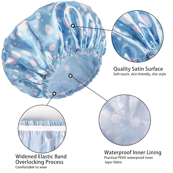 Shower Caps for Women, 4 PCS Reusable Waterproof Bath Cap | Double Layer, Washable, Wide Elastic Band, Holds Long Hair, Caps for Bath Accessories, Spa, Travel Home - Polka Dots