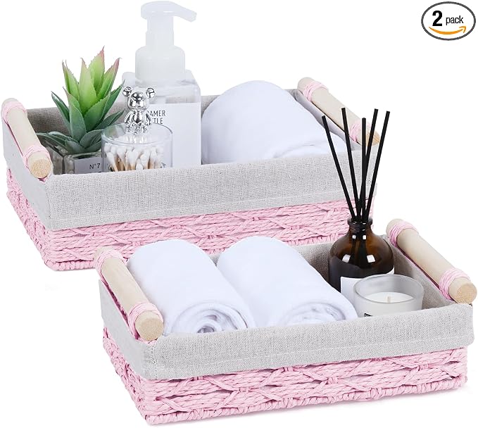 Wicker Storage Basket with Wooden Handle – Paper Rope Decorative Toilet Paper Baskets & Bathroom Organizer for Toilet Tank Top, Shelves, Bedroom, Countertop,Home,Office Storage Bins, 2 Pack,Pink