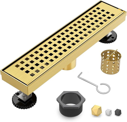 Linear Shower Drain | 18 Inch AISI 304 Stainless Steel Shower Drain, Brushed Gold Linear Drain with Removable Quadrato Grate Cover & Adjustable Feet, Rectangle Floor Drain, in Bathroom Balcony etc