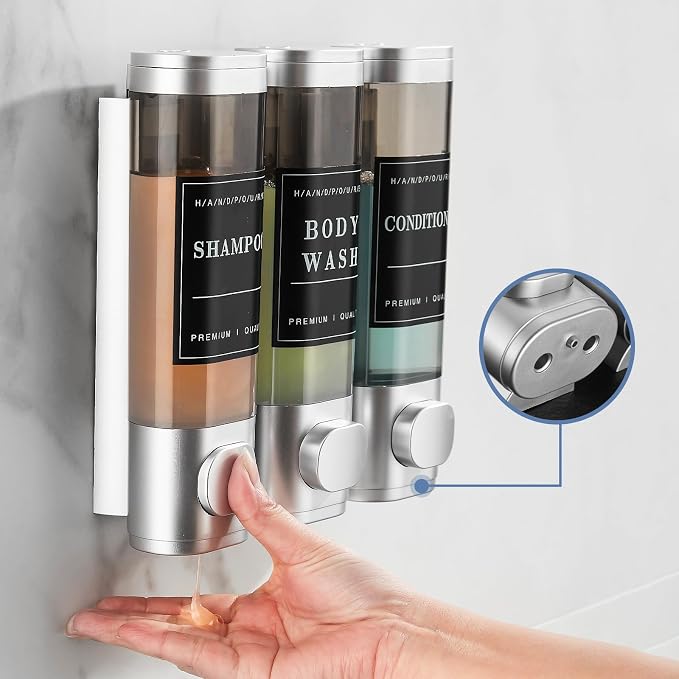 Shampoo and Conditioner Dispenser, Shower Soap Dispenser Wall Mounted, Shampoo Dispenser for Shower Wall No Drill, Bathroom Body Wash Dispenser 3 * 350ml Silver 3 Chamber