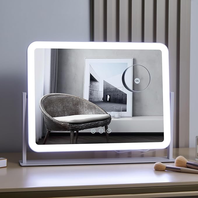 HIEEY Vanity Mirror with Lights, 17.4" x 13.5" Lighted Makeup Mirror, Three Color Lighting Modes, and 5X Magnification Mirror, Smart Touch Control, 360°Rotation (White,Gift Box)