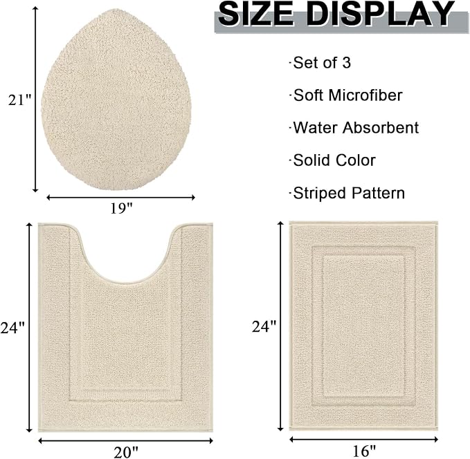 SHACOS Microfiber Bathroom Rugs Set of 3 with Toilet Lid Cover Non Slip | Washable Bath Mat Absorbent Bathroom Carpet 16"x24"+U Shape Toilet Rug 20"x24"+Toilet Lid Cover 19"x21", Light Beige