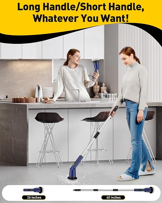 Electric Spin Scrubber for Bathroom, Shower Scrubber with Long Handle | Shower Cleaner Brushes, IPX7 Waterproof & 2 Speed, 3 Brush Heads, 90min Runtime, Bathroom Cleaning Supplies for Toilet Tub