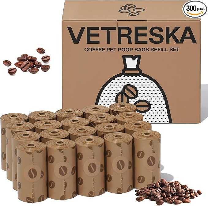 VETRESKA Dog Poop Bags, Coffee Scented Waste Bags, 300 Count | Leak Proof, Extra Thick and Large Pet Bags for Dogs and Cats (20 Refill Rolls)