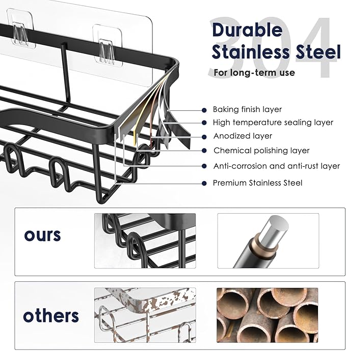 NESOMI 7-Pack Shower Caddy Adhesive,Stainless Steel Shower Organizer Shelf | Rustproof, with Soap Dish Toothbrush Holder, Large Capacity, No-Drill Rack Bathroom Storage Accessories, 24 Hooks, Home Decor