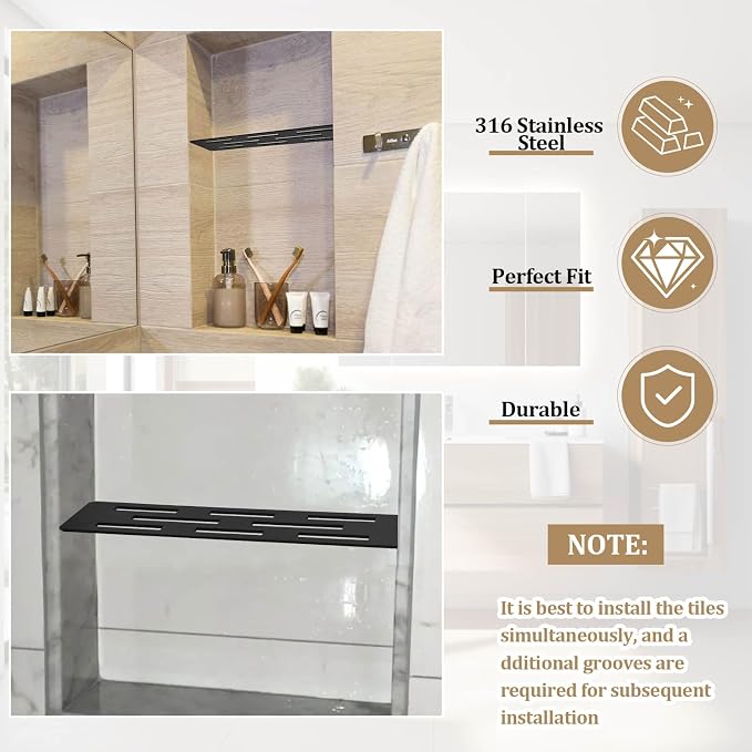 Rectangular Shelf for 12 Inch Tile Prefabricated Niches, Shower Niche Shelf with Powder Coated 316 Stainless Steel Finish, Fits 1/8 inch Grout Lines Shower Niche Insert
