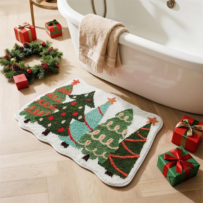 TYUU Christmas Bathroom Rugs, Extra Soft Absorbent Bath Rug Non Slip Washable Bathroom Mat Holiday Xmas Home Decor Indoor Bath Mat, Christmas Trees, 24"x36"