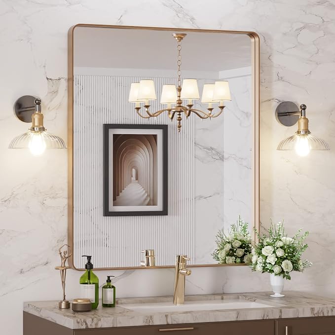 LOAAO 30"X36" Gold Bathroom Mirror | Rounded Rectangle, Brushed Gold Frame, Wall-Mounted, Anti-Rust, Tempered Glass, Hangs Horizontally or Vertically