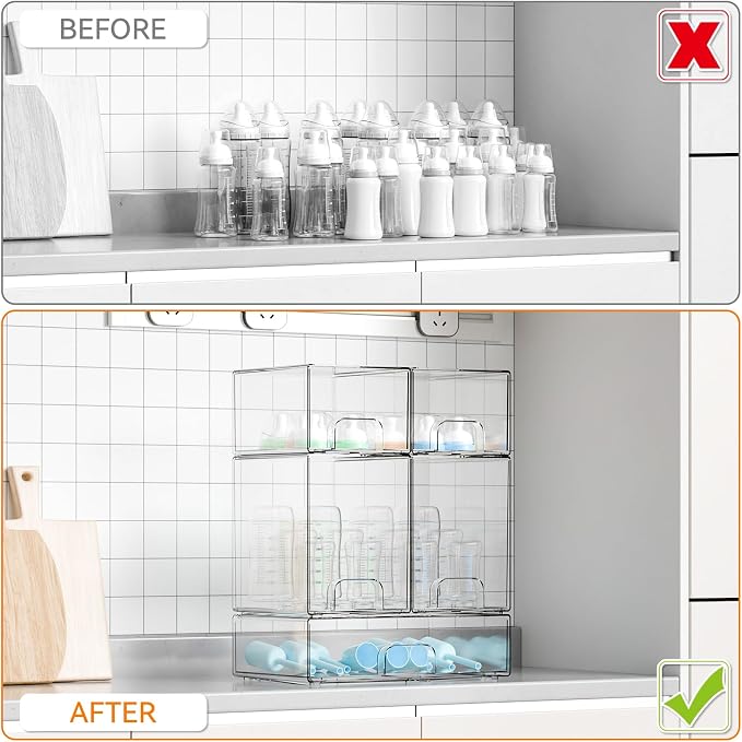 Yieach 5 Set Clear Baby Bottle Organizer for Countertop,BPA FREE Bottle Station Organizer for Breast Pump Parts,Pacifier and Baby Accessories,Stackable Drawers for Bathroom,Cabinet,Pantry Organization